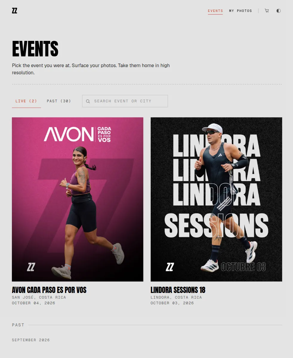 Framezz app showing live race events a runner can search to find their photos