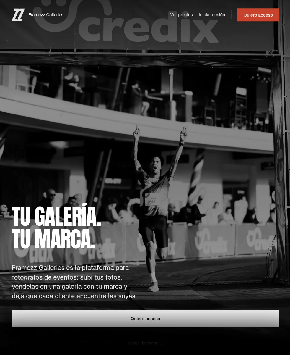 Framezz Galleries homepage, where photographers sell event photos under their own brand